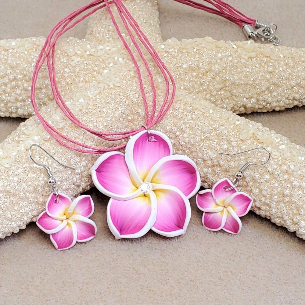 Bright Pink Plumeria Flower Pendant Necklace Set